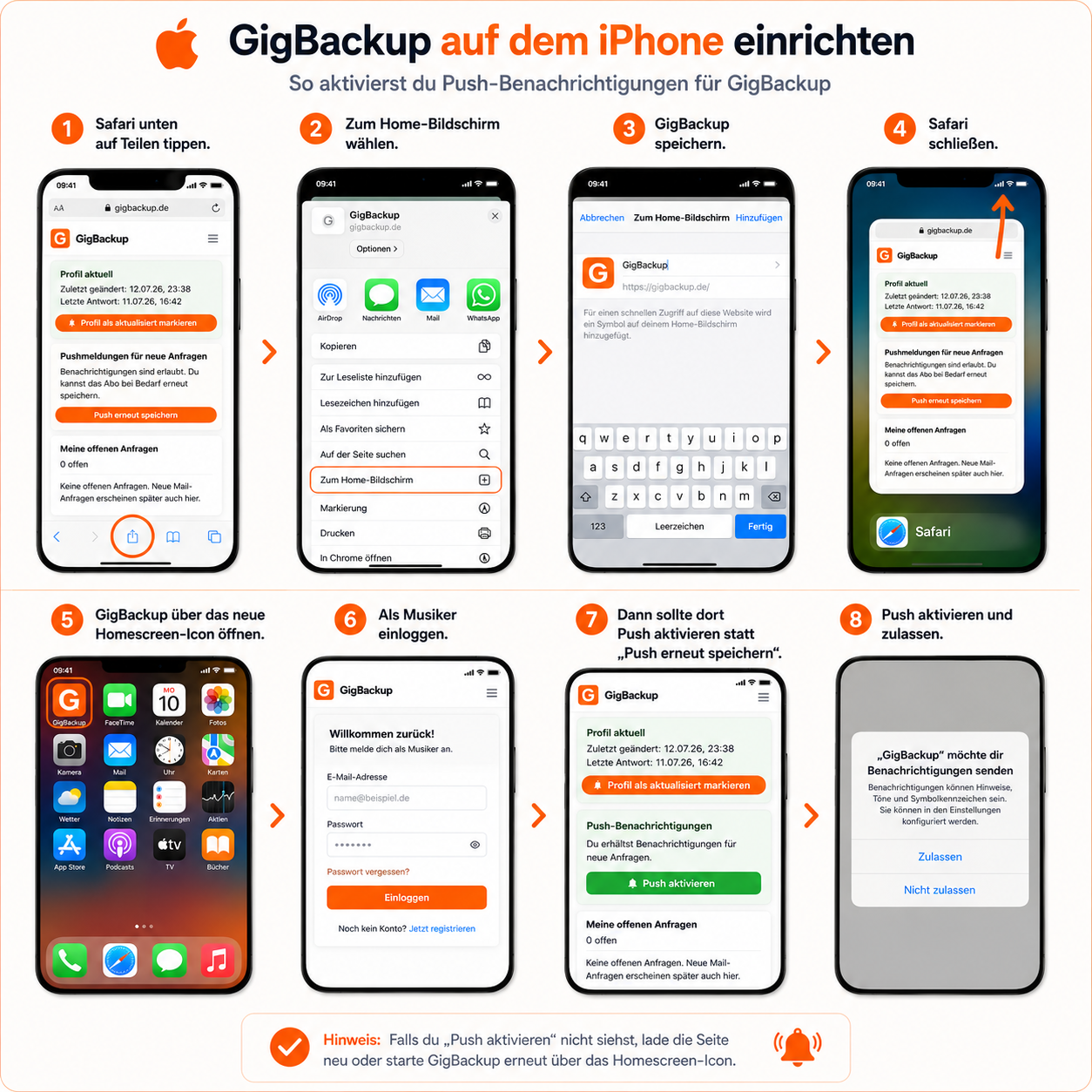 iPhone-Anleitung: GigBackup zum Home-Bildschirm hinzufügen und Push aktivieren